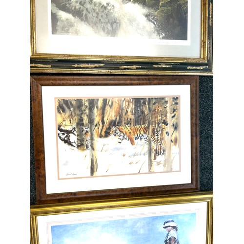 153 - Three large framed animal pictures and prints, signed, largest measures approximately 32 inches wide... 