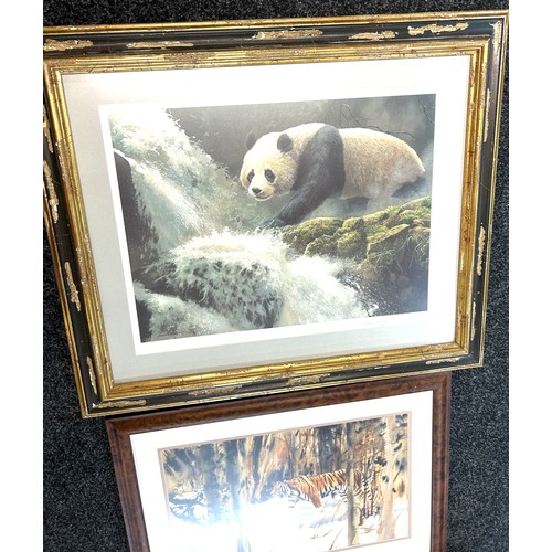 153 - Three large framed animal pictures and prints, signed, largest measures approximately 32 inches wide... 