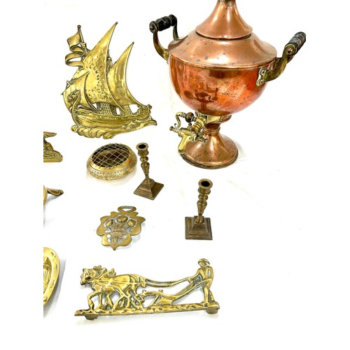 191 - Selection of brassware to include tray, candlesticks, Copper samovar etc