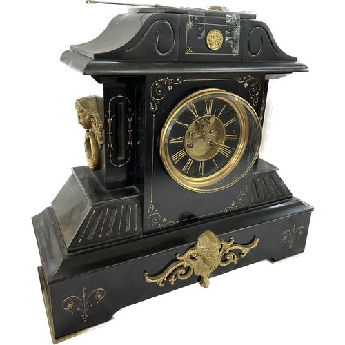 99 - Large French slate clock with visible escapement, with key and pendulum, untested, approximate measu... 