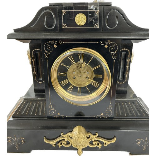 99 - Large French slate clock with visible escapement, with key and pendulum, untested, approximate measu... 