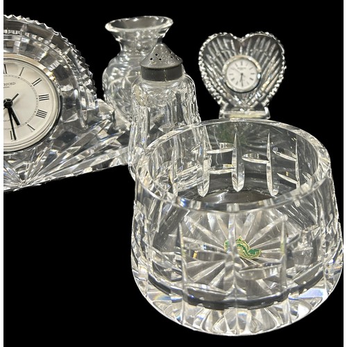 143 - Selection Waterford crystal glass pieces to include 3 mantel clocks, salt and pepper set, small jug,... 