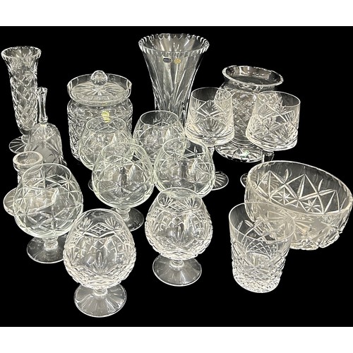 136 - Selection of various cut glass to include Waterfords biscuit jar, vase  etc