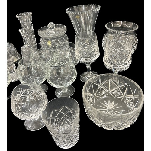 136 - Selection of various cut glass to include Waterfords biscuit jar, vase  etc