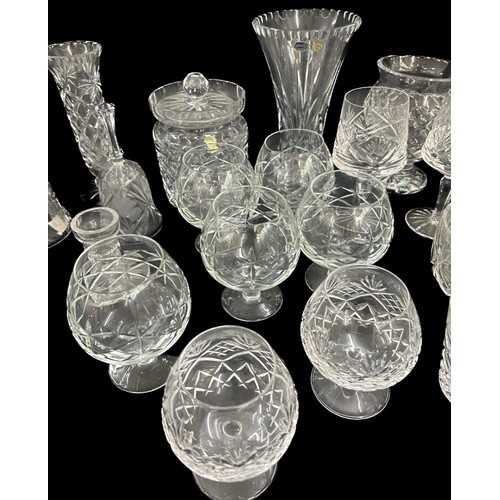 136 - Selection of various cut glass to include Waterfords biscuit jar, vase  etc