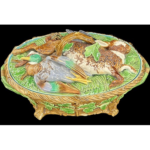 608 - Antique Minton Majolica game pie dish complete with liner in good overall condition overall height 8... 