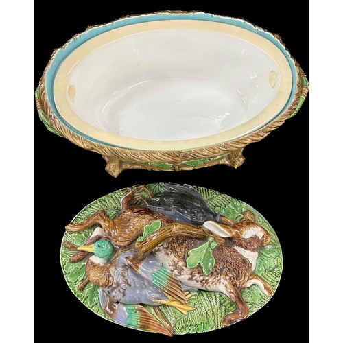 608 - Antique Minton Majolica game pie dish complete with liner in good overall condition overall height 8... 