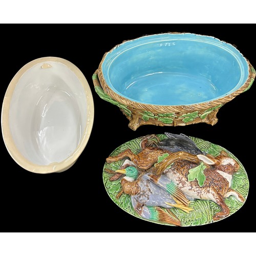 608 - Antique Minton Majolica game pie dish complete with liner in good overall condition overall height 8... 