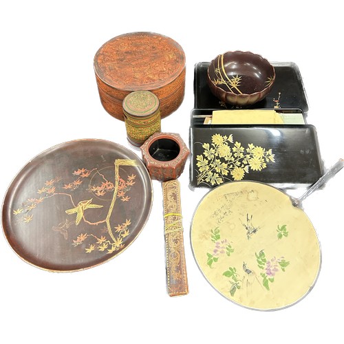 65 - Quantity of Japanese and oriental lacquered boxes, tray fan etc