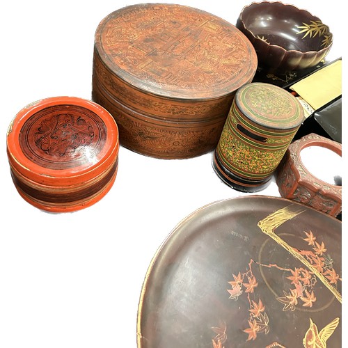 65 - Quantity of Japanese and oriental lacquered boxes, tray fan etc