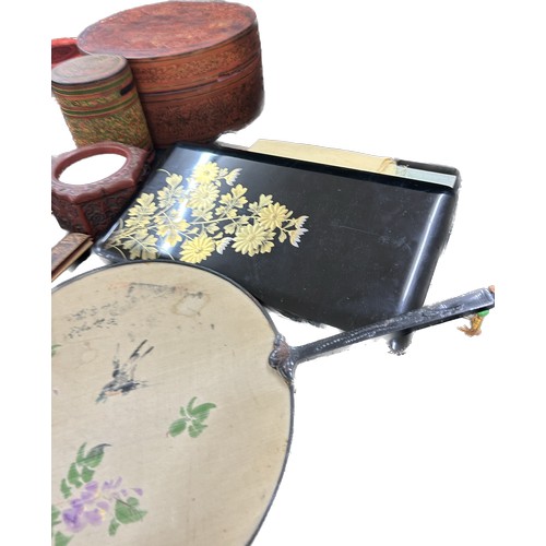 65 - Quantity of Japanese and oriental lacquered boxes, tray fan etc