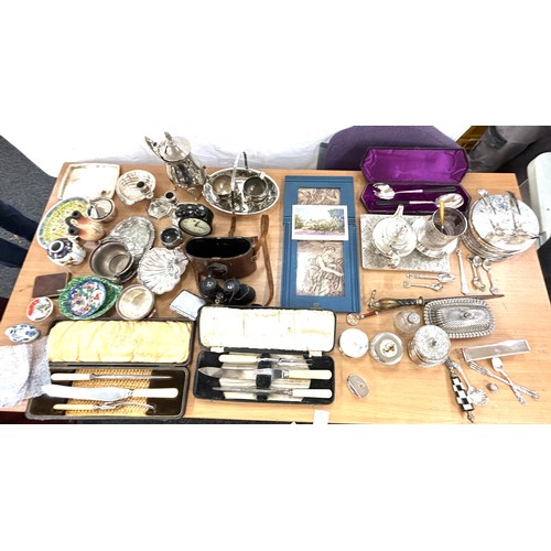 249 - Large selection of silver plate items to include binoculars, pictures etc