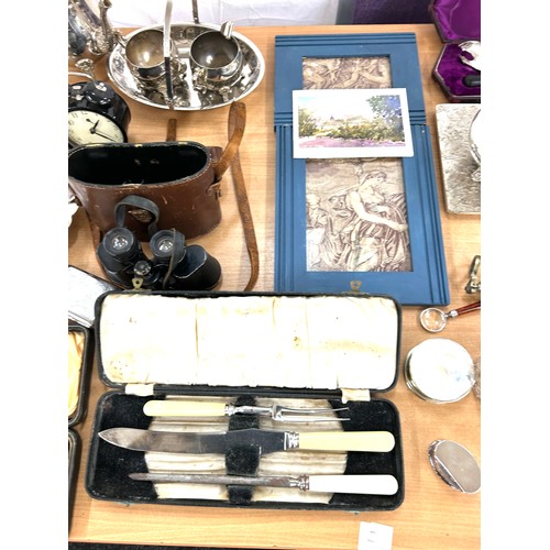 249 - Large selection of silver plate items to include binoculars, pictures etc