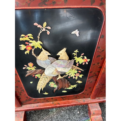 276 - Japanese lacquer and Shibayama Meiji firescreen of traditional gate form, approximate height 87cm