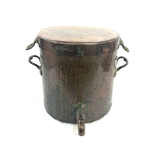 219 - Large antique copper lidded stock pot with tap, no markings to base, overall measurements: Height 14... 