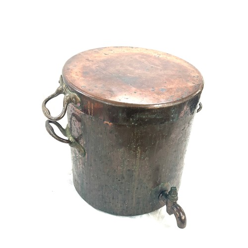 219 - Large antique copper lidded stock pot with tap, no markings to base, overall measurements: Height 14... 