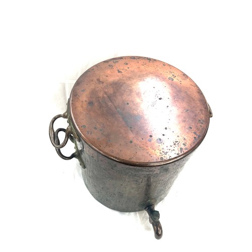 219 - Large antique copper lidded stock pot with tap, no markings to base, overall measurements: Height 14... 