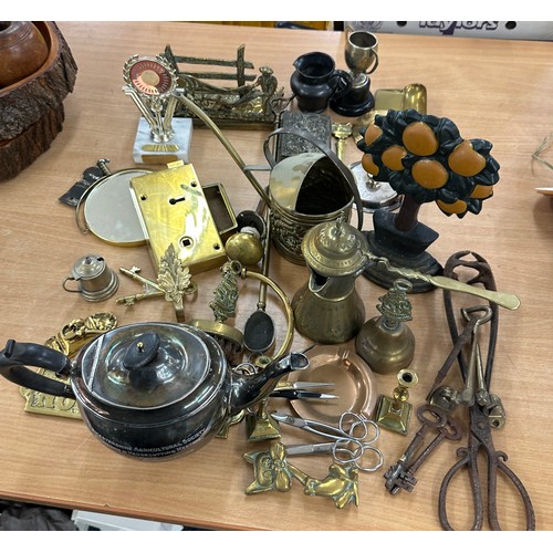 56 - Selection vintage metalware to include miniatures, trophies, trinkets, teapot,  brass lock etc