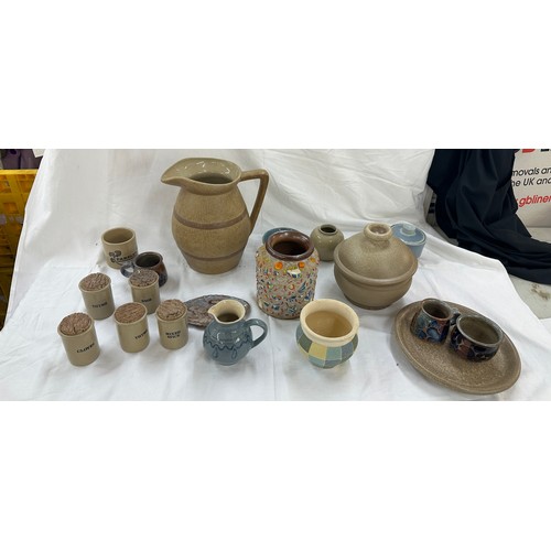 185 - Selection stoneware pots to include jugs, bowls etc, largest piece measures approximately 11 inches ... 