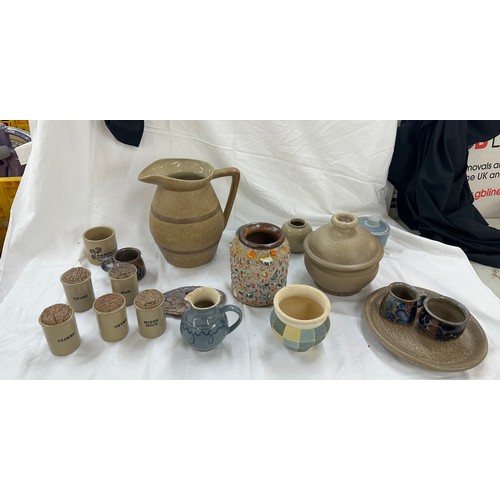 185 - Selection stoneware pots to include jugs, bowls etc, largest piece measures approximately 11 inches ... 