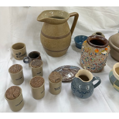 185 - Selection stoneware pots to include jugs, bowls etc, largest piece measures approximately 11 inches ... 