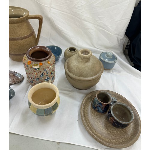 185 - Selection stoneware pots to include jugs, bowls etc, largest piece measures approximately 11 inches ... 