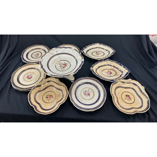 174 - Selection antique plates, bowls, Centre piece (which has been damaged and restored) markers mark to ... 