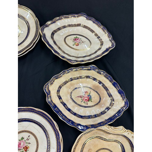 174 - Selection antique plates, bowls, Centre piece (which has been damaged and restored) markers mark to ... 