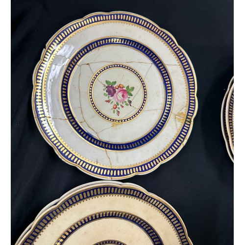 174 - Selection antique plates, bowls, Centre piece (which has been damaged and restored) markers mark to ... 