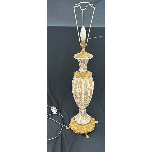 217 - Tall brass and opaque lamp with shade, working order, height of lamp with shade: 43 inches