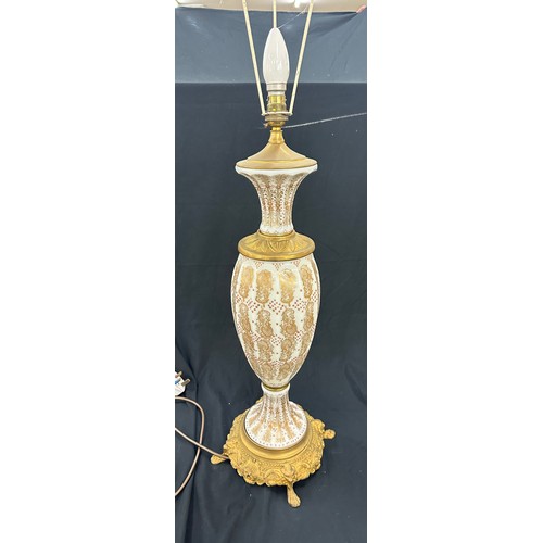 217 - Tall brass and opaque lamp with shade, working order, height of lamp with shade: 43 inches