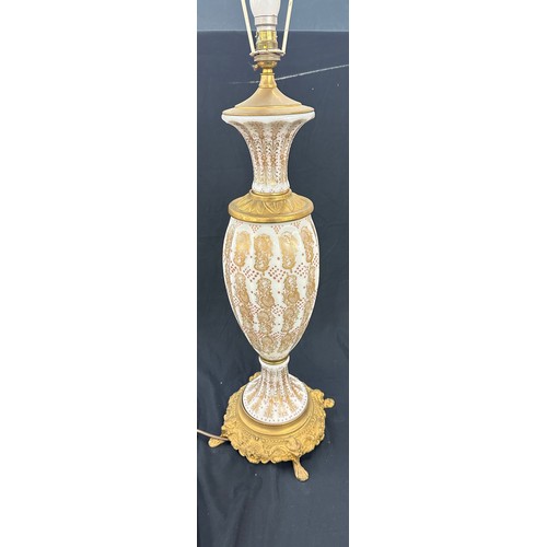 217 - Tall brass and opaque lamp with shade, working order, height of lamp with shade: 43 inches