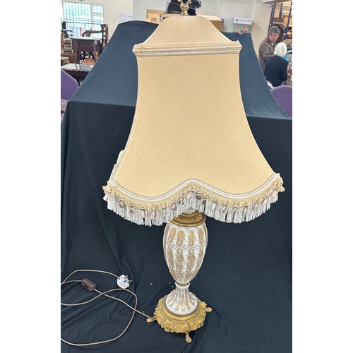 217 - Tall brass and opaque lamp with shade, working order, height of lamp with shade: 43 inches