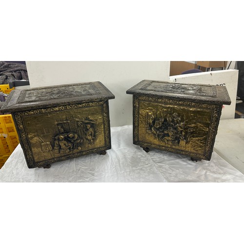 280 - 2 Vintage brass coal boxes on casters, largest measures approximately 15 inches tall 20inches wide  ... 