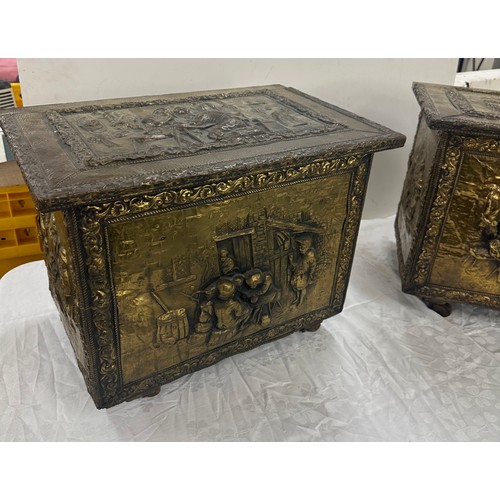 280 - 2 Vintage brass coal boxes on casters, largest measures approximately 15 inches tall 20inches wide  ... 