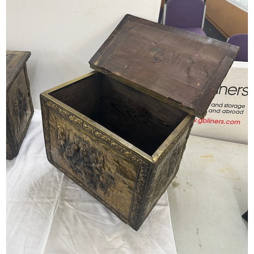 280 - 2 Vintage brass coal boxes on casters, largest measures approximately 15 inches tall 20inches wide  ... 