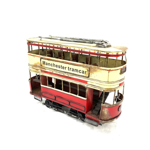 4 - Tin plate tram, Manchester line, approximate measurements: Height 13 x 8 inches