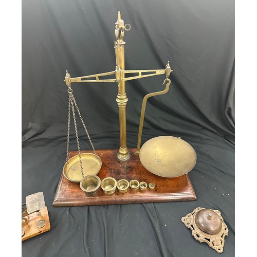 116 - 2 Sets of vintage brass scales includes post office scales and weights and a vintage shop counter to... 