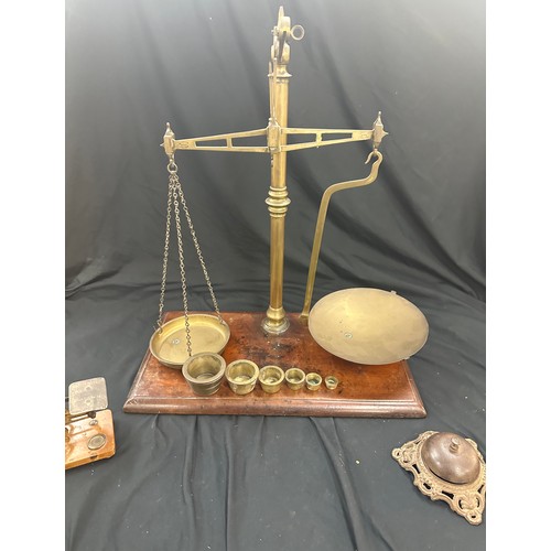 116 - 2 Sets of vintage brass scales includes post office scales and weights and a vintage shop counter to... 