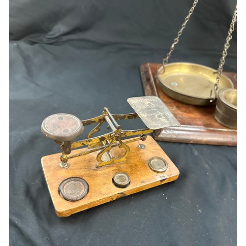 116 - 2 Sets of vintage brass scales includes post office scales and weights and a vintage shop counter to... 