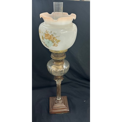 271 - Vintage nelson column base oil lamp, complete with funnel and shade 26 inches tall