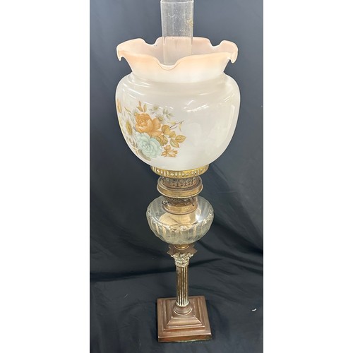 271 - Vintage nelson column base oil lamp, complete with funnel and shade 26 inches tall