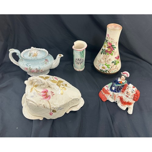 212 - Selection of pottery items includes cheese dish, staffordshire figure, tea pot, vases etc