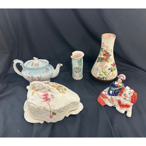 212 - Selection of pottery items includes cheese dish, staffordshire figure, tea pot, vases etc