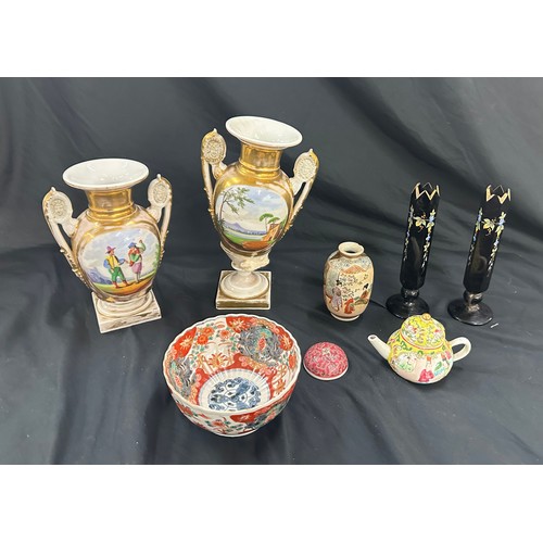 187 - Selection of oriental items includes bowl, vases, tea pot etc