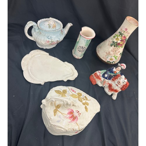 212 - Selection of pottery items includes cheese dish, staffordshire figure, tea pot, vases etc