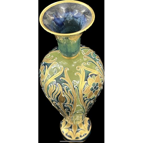 610 - Antique William Moorcroft Macintyre Florianware vase green and gold hand painted detailing, approxim... 