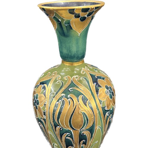 610 - Antique William Moorcroft Macintyre Florianware vase green and gold hand painted detailing, approxim... 