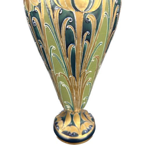 610 - Antique William Moorcroft Macintyre Florianware vase green and gold hand painted detailing, approxim... 