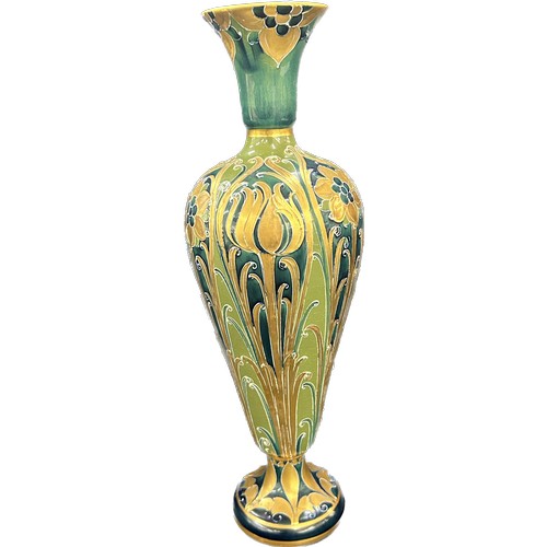 610 - Antique William Moorcroft Macintyre Florianware vase green and gold hand painted detailing, approxim... 